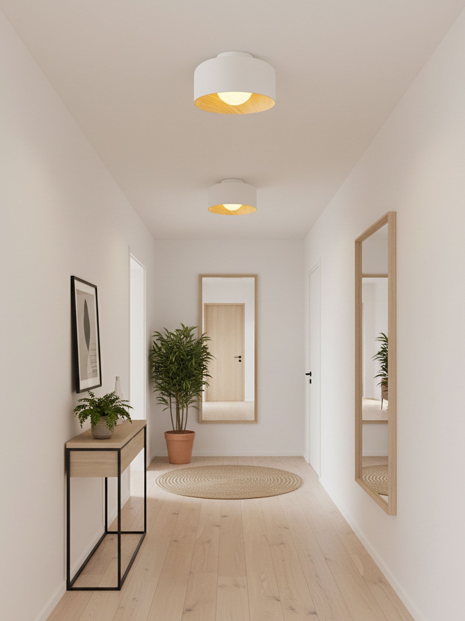 Globe light with white glass and wood-grain interior