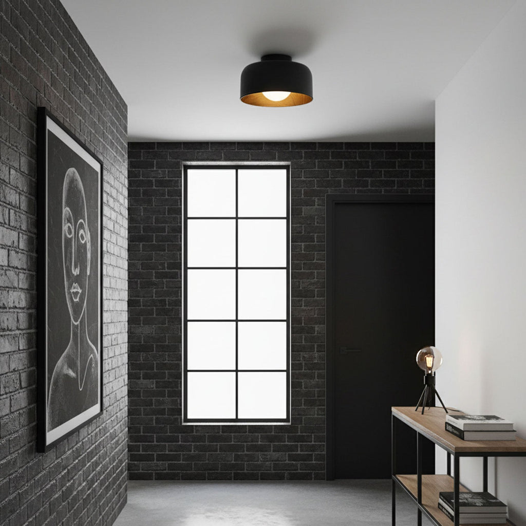 Wood-grain lined globe light mounted on a wall