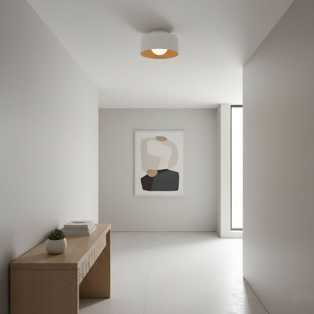 Compact globe ceiling light with a wood-grain shell