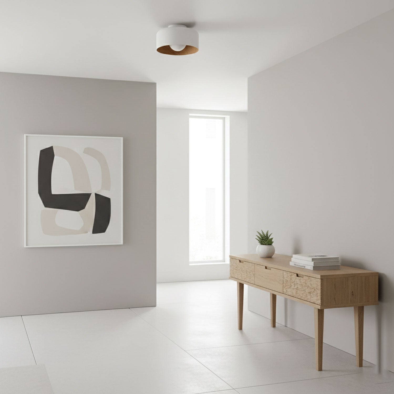 White glass globe light glowing on a landing