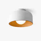 White glass globe light with a wood-grain lined shell