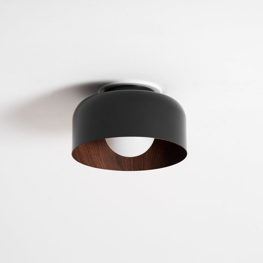 Loftlampe, hvid glasglobus, træstruktur, G9 fastmonteret