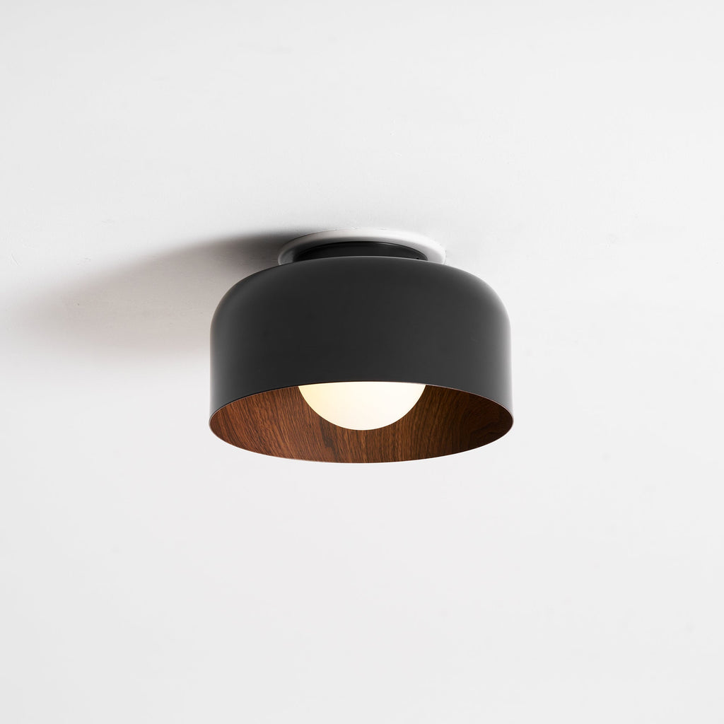 Loftlampe, hvid glasglobus, træstruktur, G9 fastmonteret