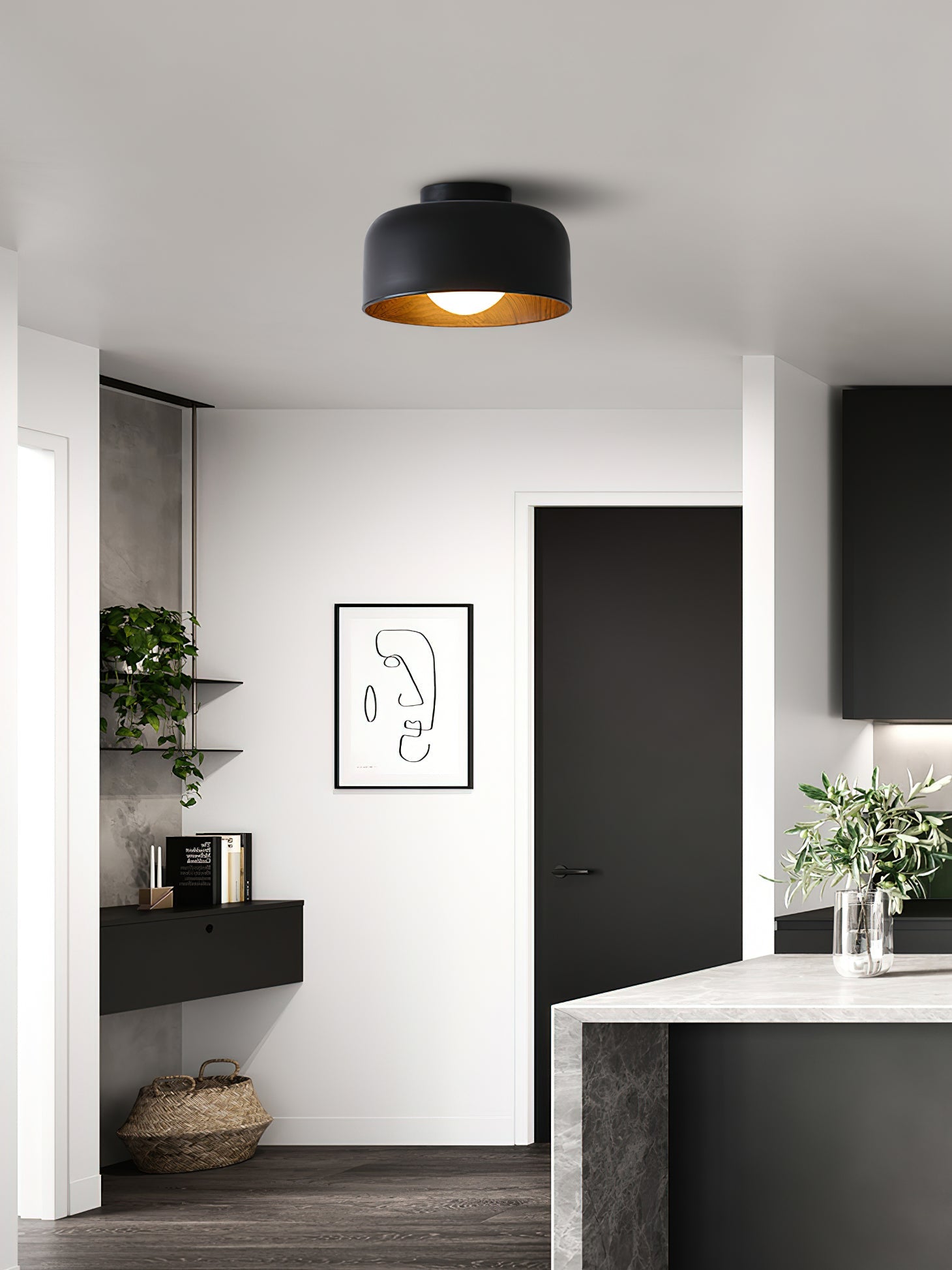 Loftlampe, hvid glasglobus, træstruktur, G9 fastmonteret