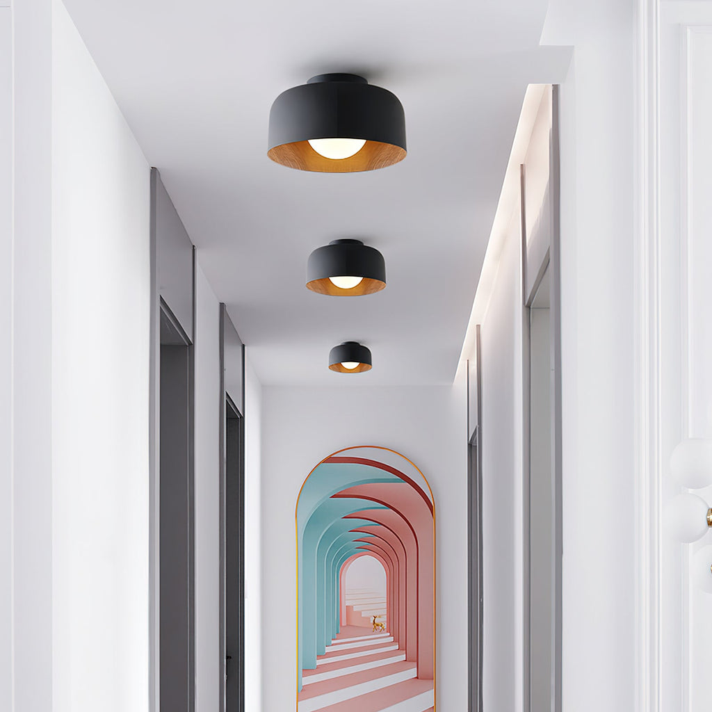 Loftlampe, hvid glasglobus, træstruktur, G9 fastmonteret