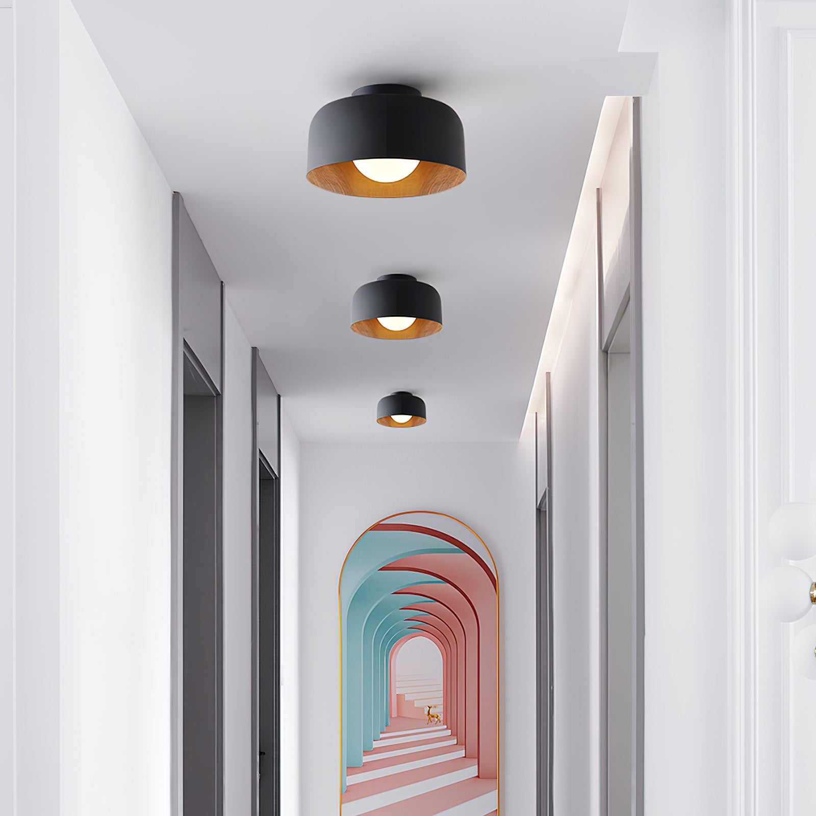 Loftlampe, hvid glasglobus, træstruktur, G9 fastmonteret