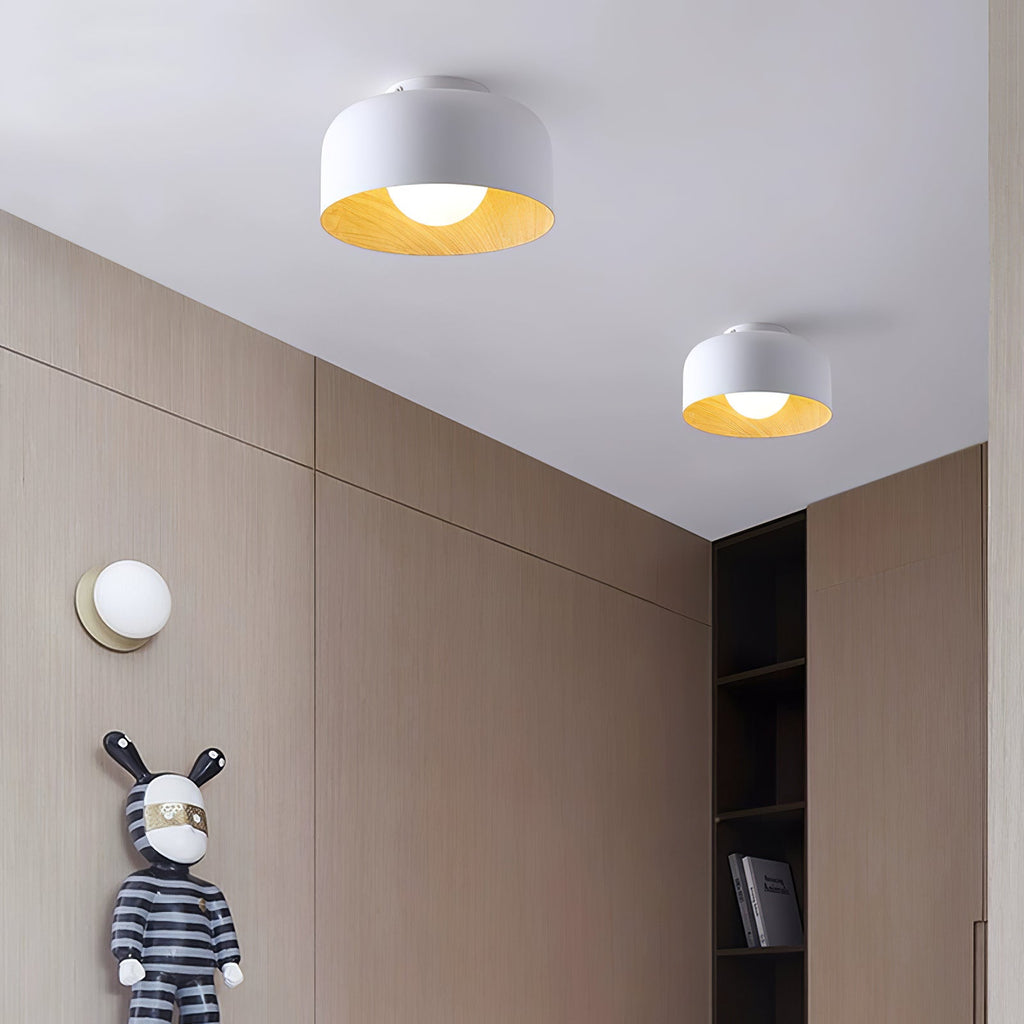 Loftlampe, hvid glasglobus, træstruktur, G9 fastmonteret