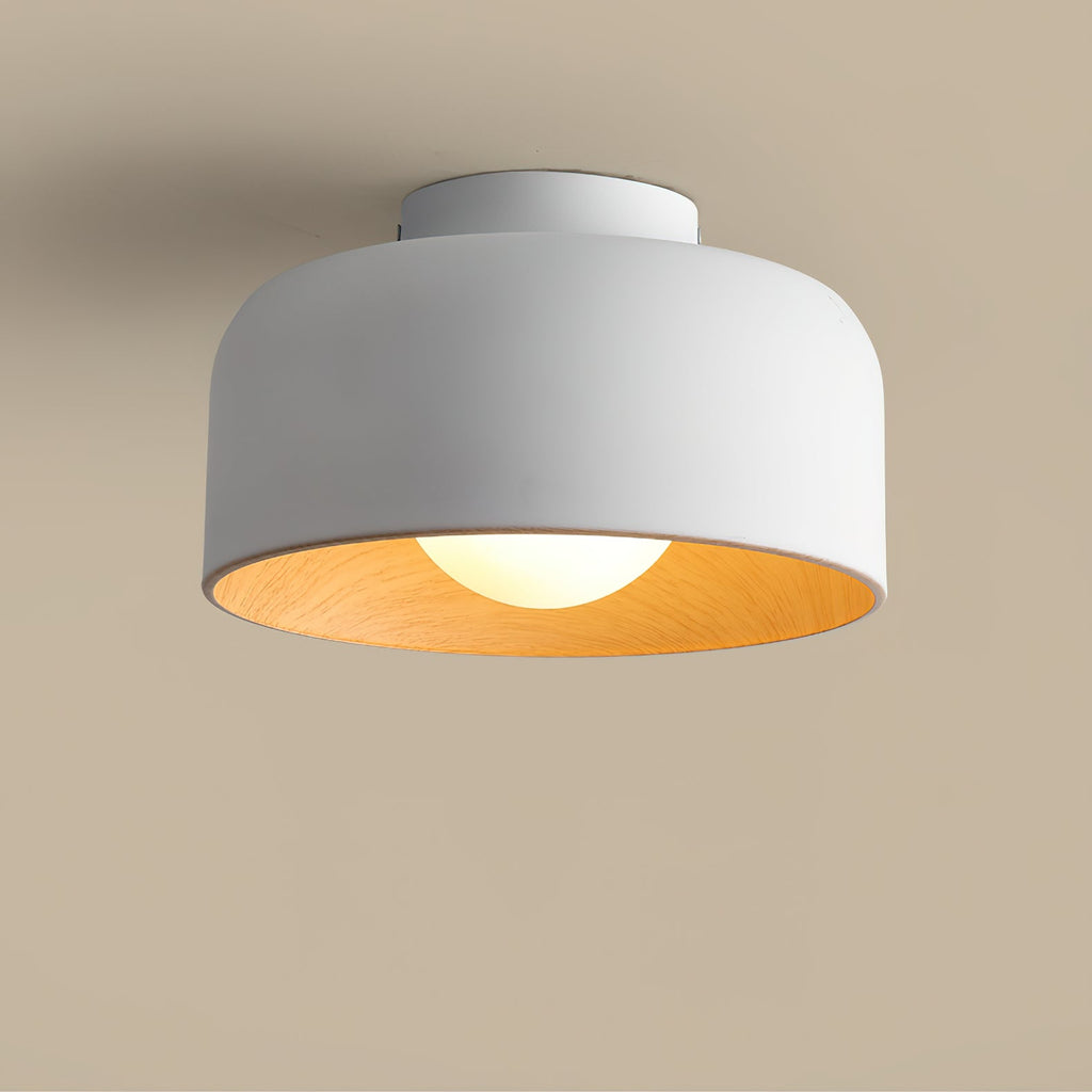 Loftlampe, hvid glasglobus, træstruktur, G9 fastmonteret
