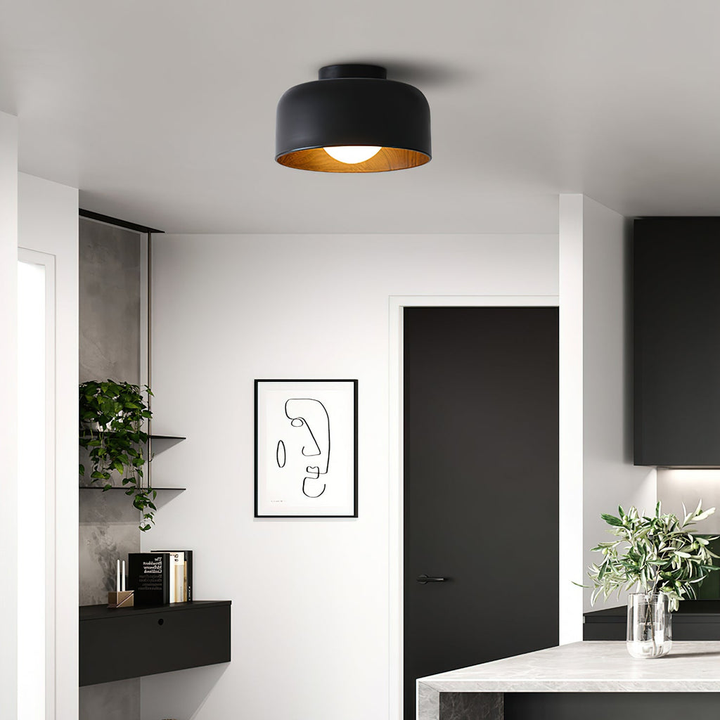 White glass globe light showing wood-grain detail