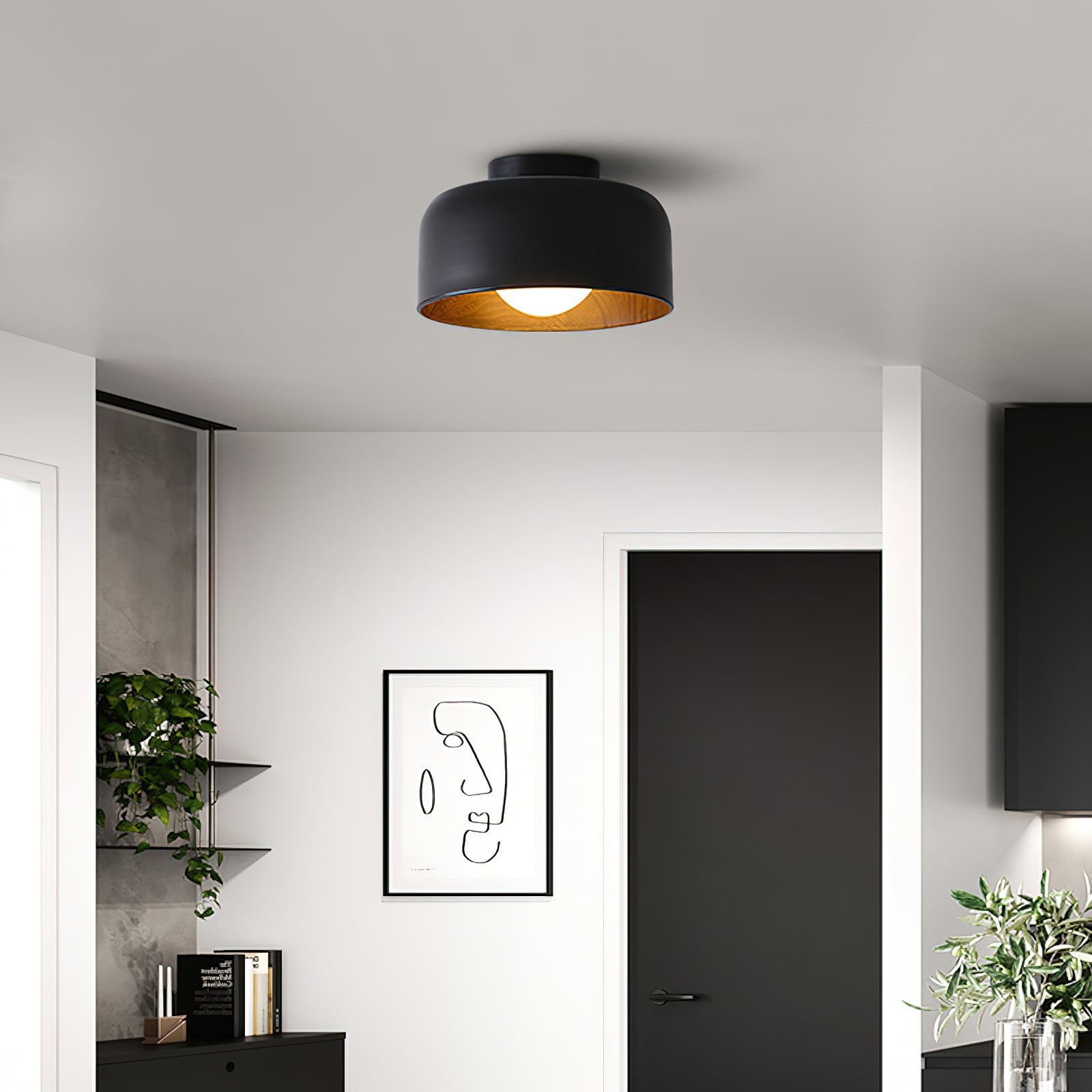 Loftlampe, hvid glasglobus, træstruktur, G9 fastmonteret