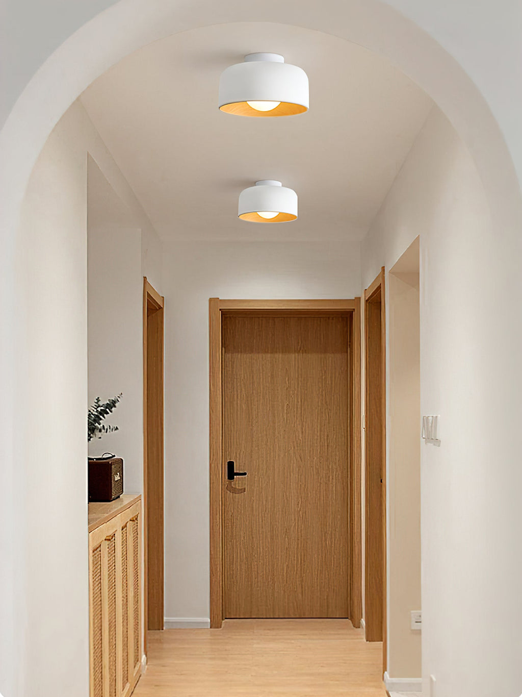 Glass globe light with wood-grain interior detail