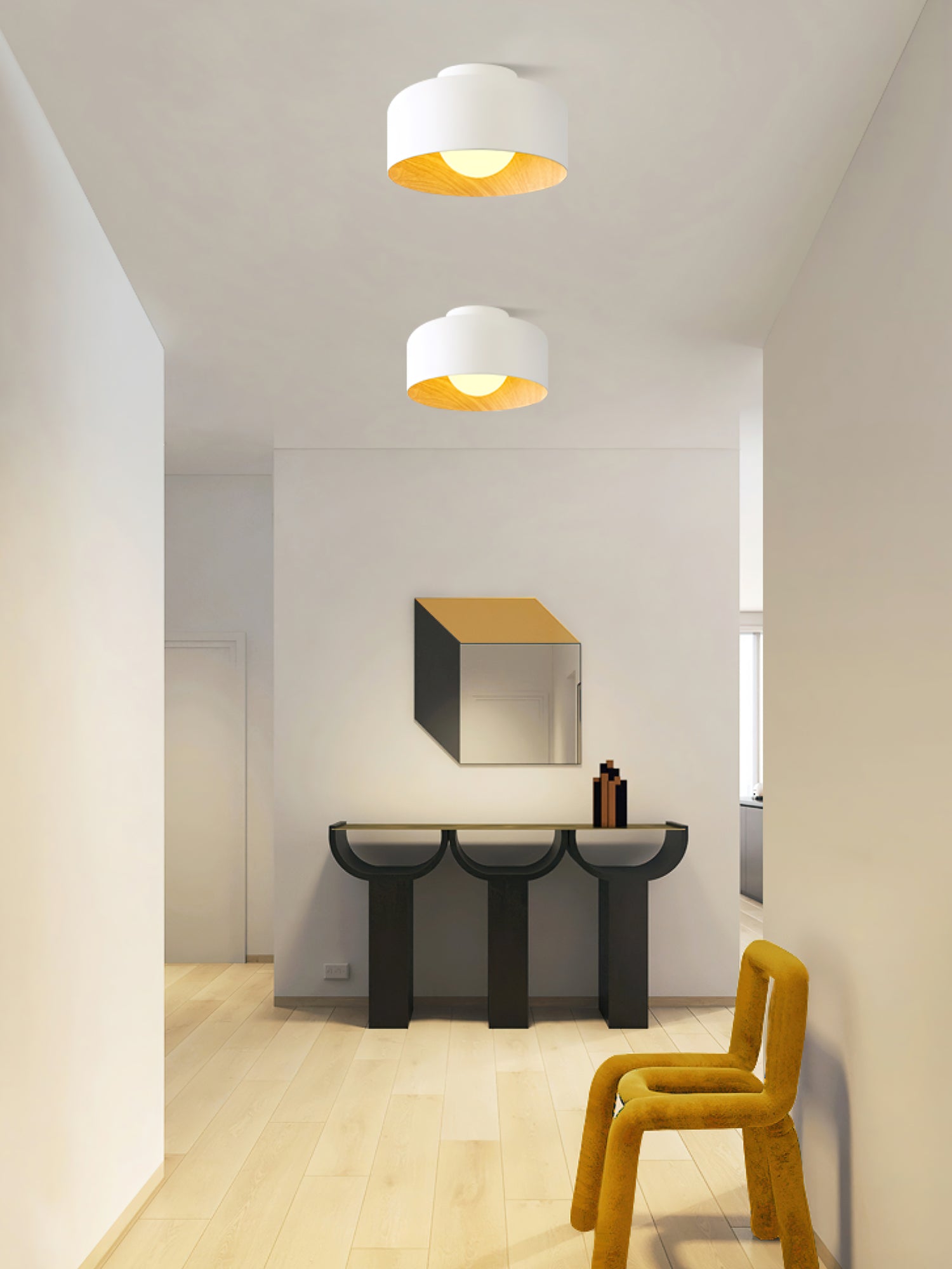 Loftlampe, hvid glasglobus, træstruktur, G9 fastmonteret