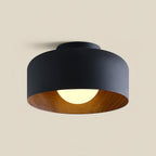 White glass globe ceiling light with a wood-grain interior