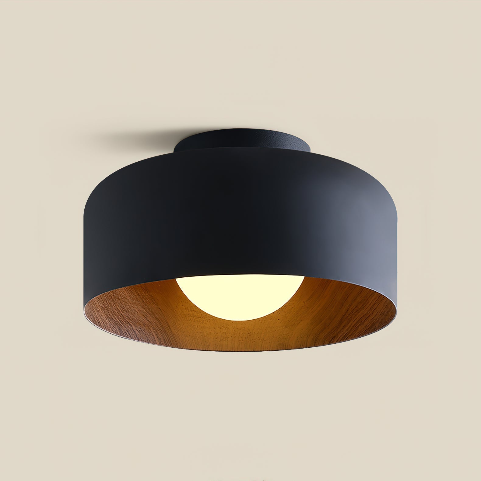 White glass globe ceiling light with a wood-grain interior