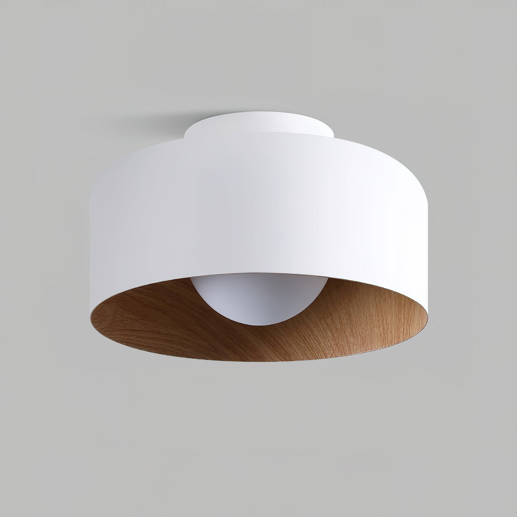 Loftlampe, hvid glasglobus, træstruktur, G9 fastmonteret