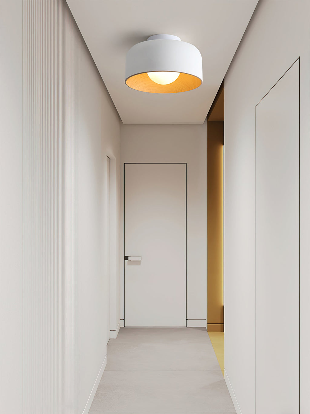 Loftlampe, hvid glasglobus, træstruktur, G9 fastmonteret