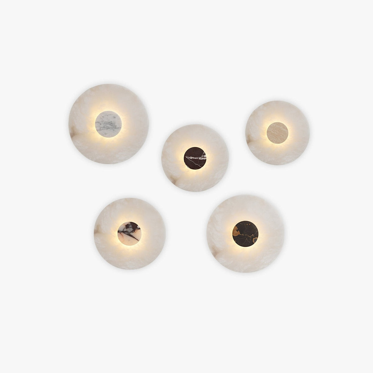 Clérachic alabaster wall sconce shown in five finish options, each soft-edged stone disc glowing warm around a different coloured centre panel.