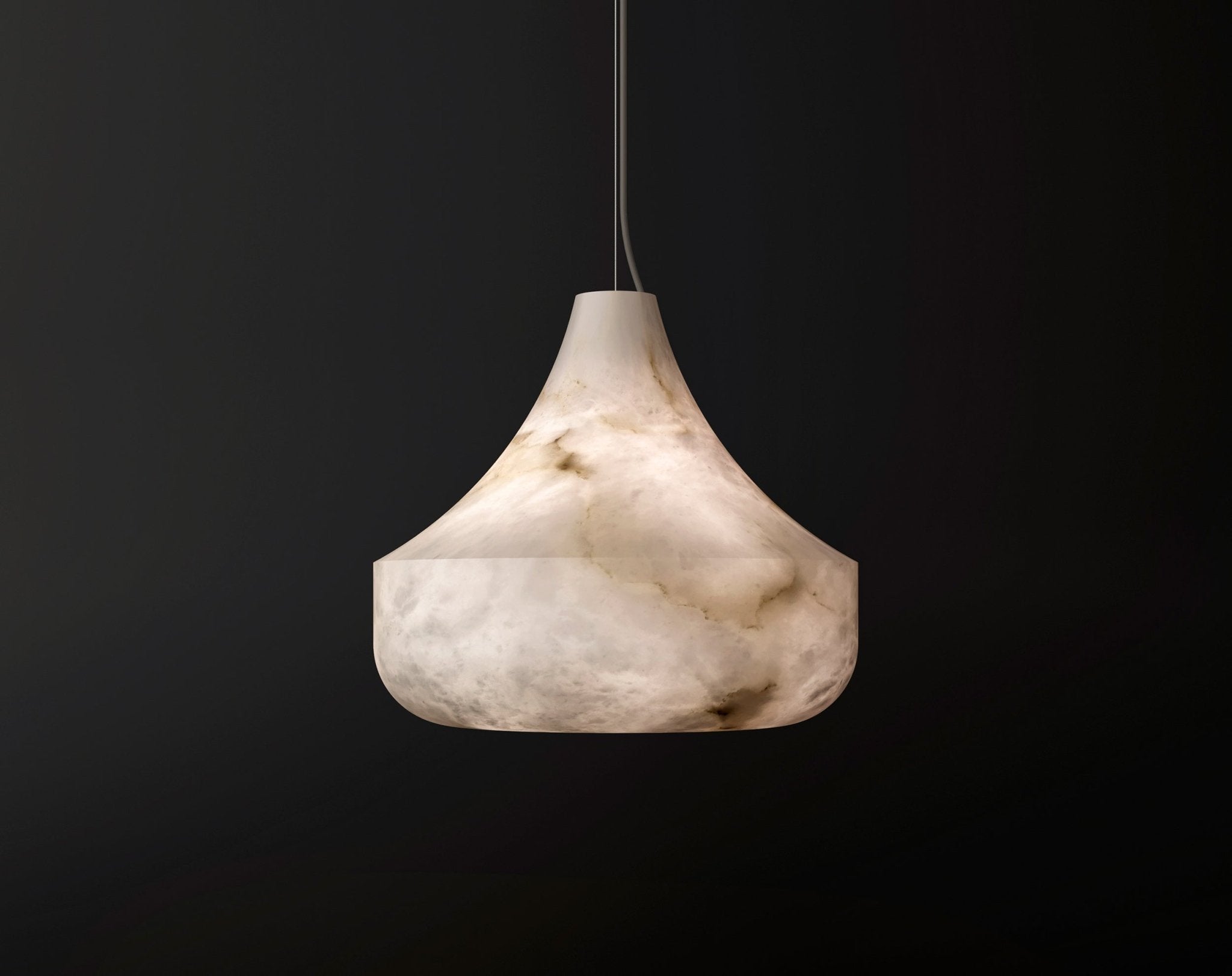 Tyler alabaster pendant light shown unlit against a black backdrop, its bell-shaped stone shade veined in amber.