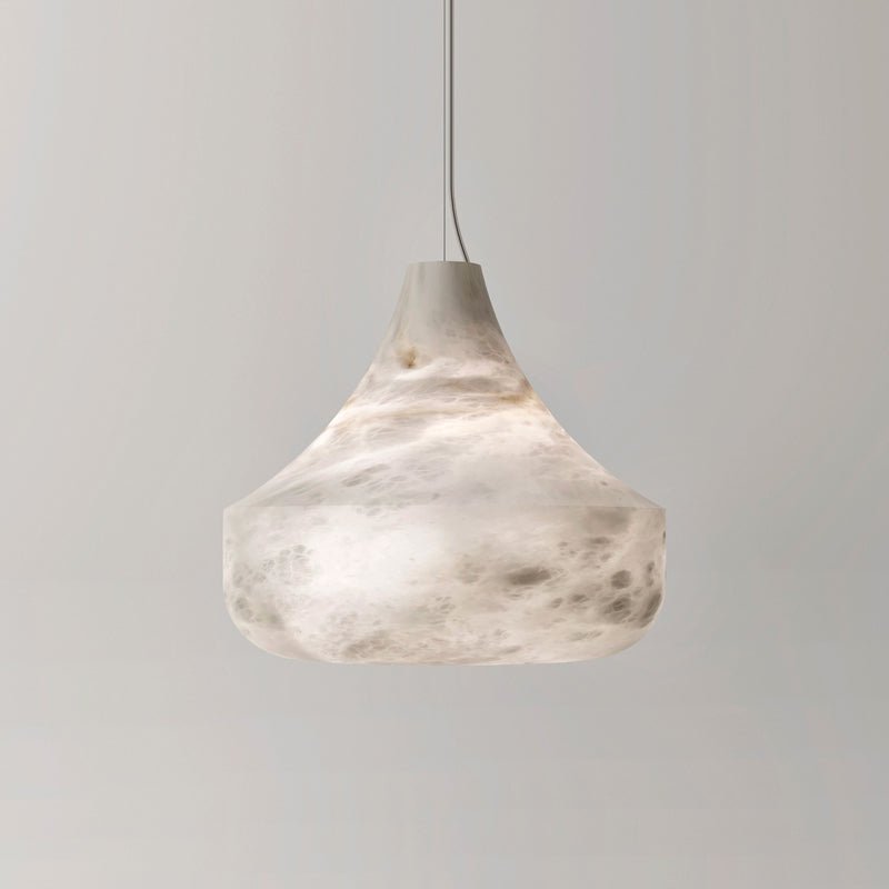 Square studio view of the Tyler pendant unlit, its bell-shaped alabaster shade against a plain pale grey wall.