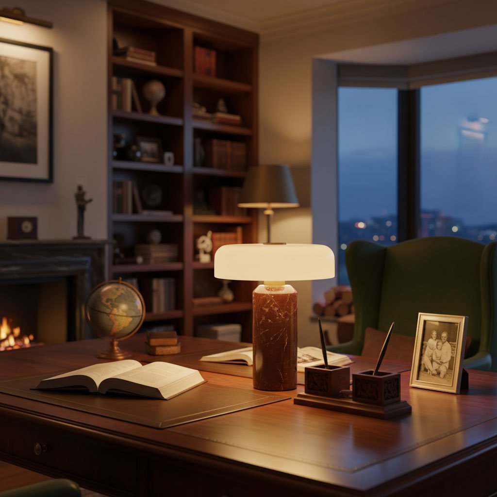 Cordless marble table lamp glowing on a nightstand