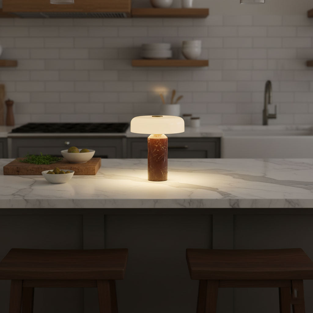 Opaline glass shade lamp with veined marble base