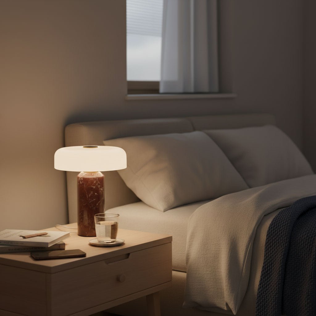 Cordless marble table lamp in a cosy reading nook