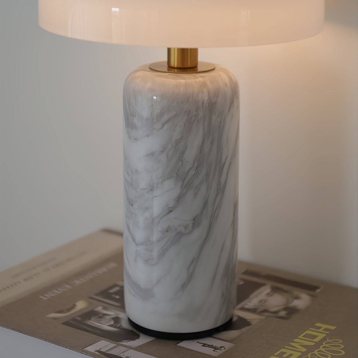 Table Lamp, Opaline Glass Shade, Marble Base, Cordless LED