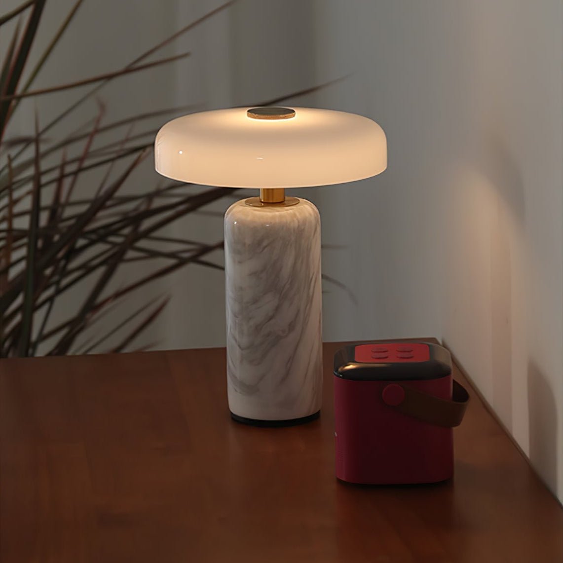 Table Lamp, Opaline Glass Shade, Marble Base, Cordless LED