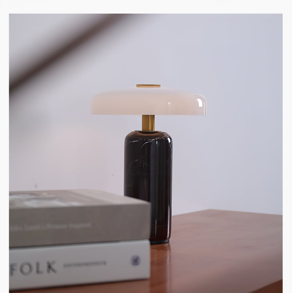Table Lamp, Opaline Glass Shade, Marble Base, Cordless LED