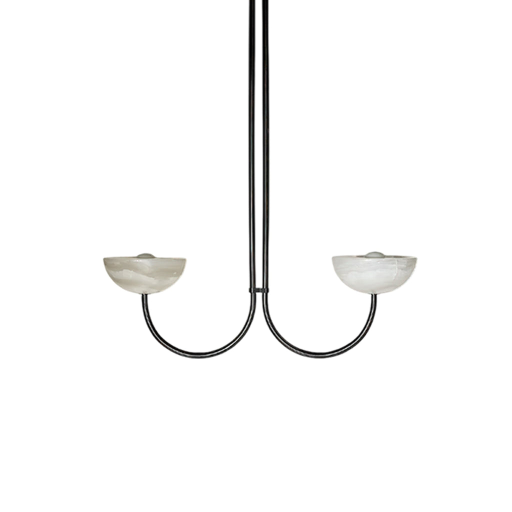 Clérachic two-arm Lunaris pendant in black, each white alabaster bowl showing the small bulb at its centre.