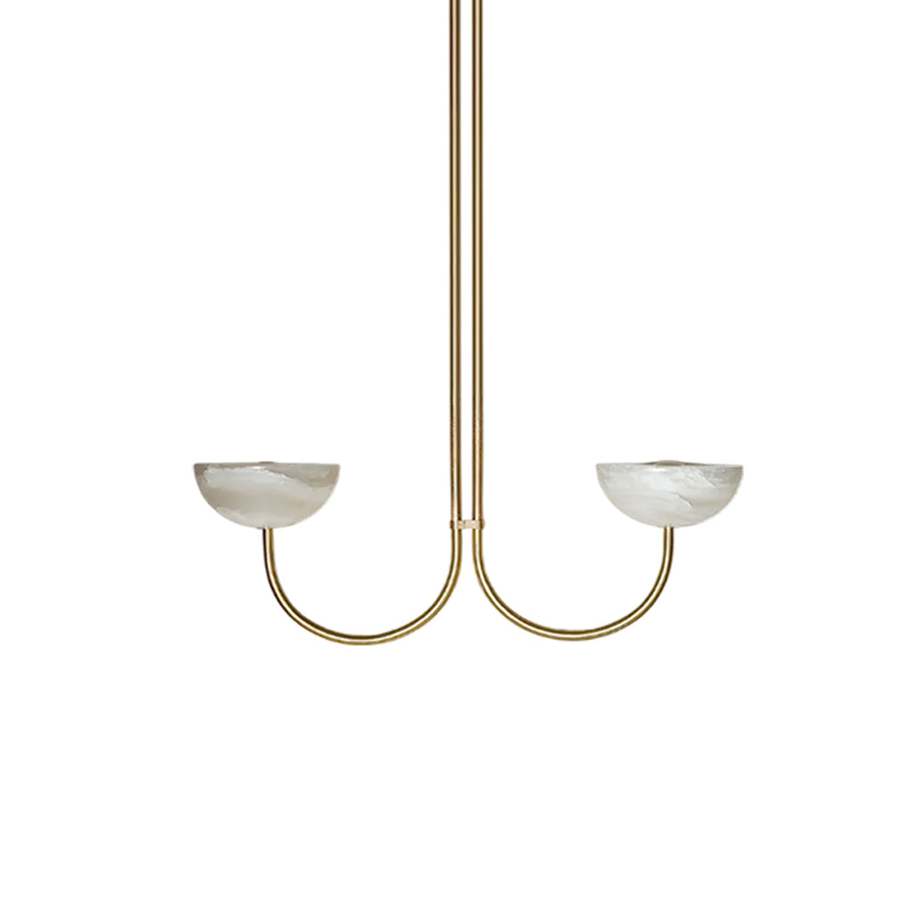 Clérachic two-arm Lunaris pendant in brass with white alabaster bowls, photographed head-on and unlit.