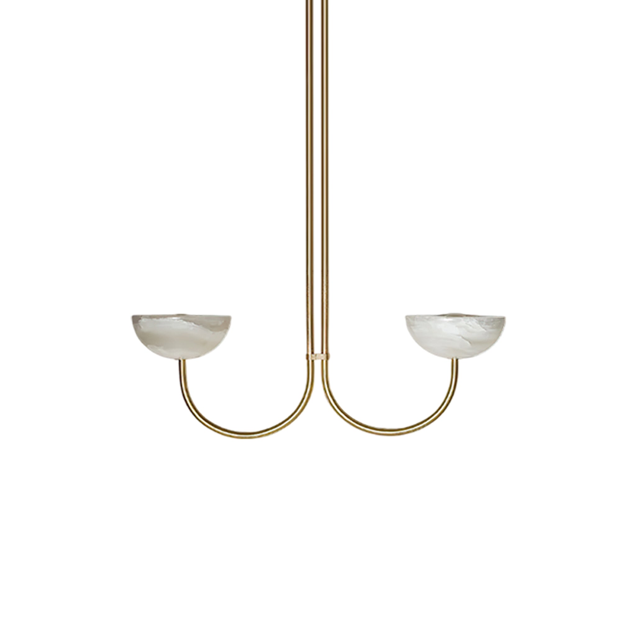 Clérachic two-arm Lunaris pendant in brass with white alabaster bowls, photographed head-on and unlit.