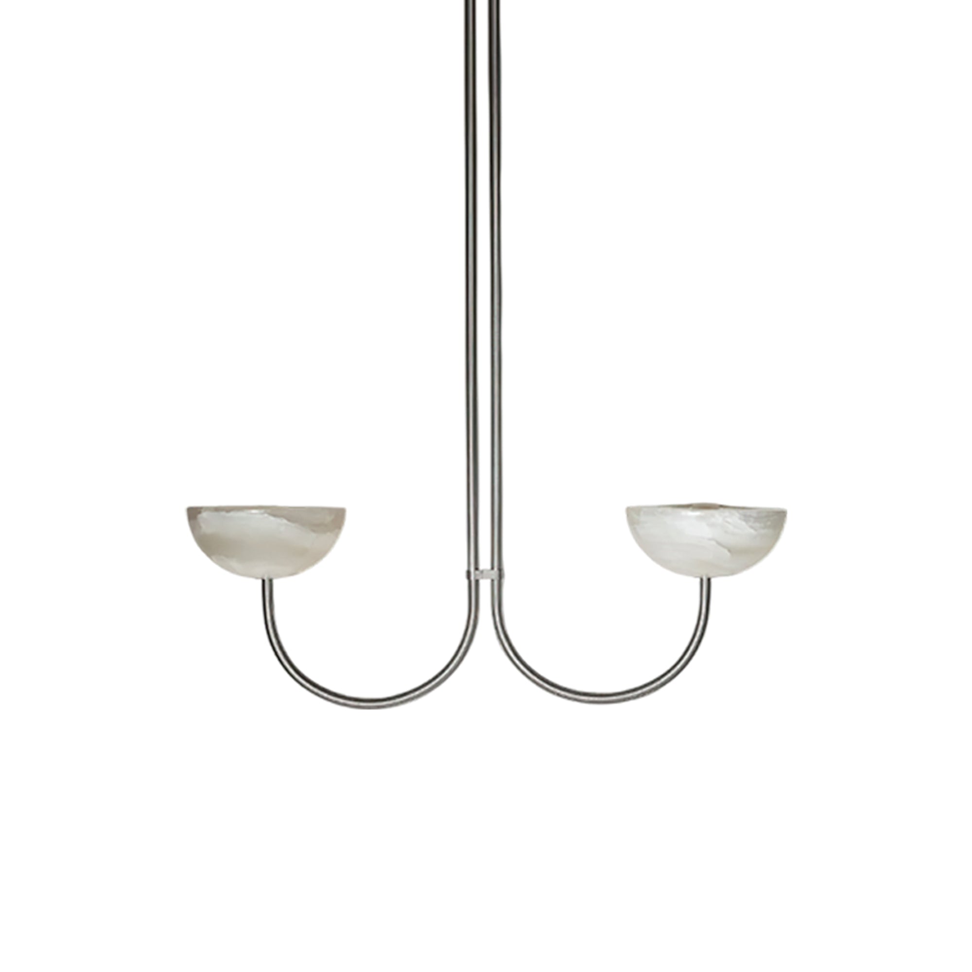 Clérachic two-arm Lunaris pendant in brushed silver, its two alabaster bowls set on gently curving arms.