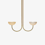 Clérachic brass two-arm Lunaris pendant with alabaster bowls softly lit, framed close against a pale grey backdrop.