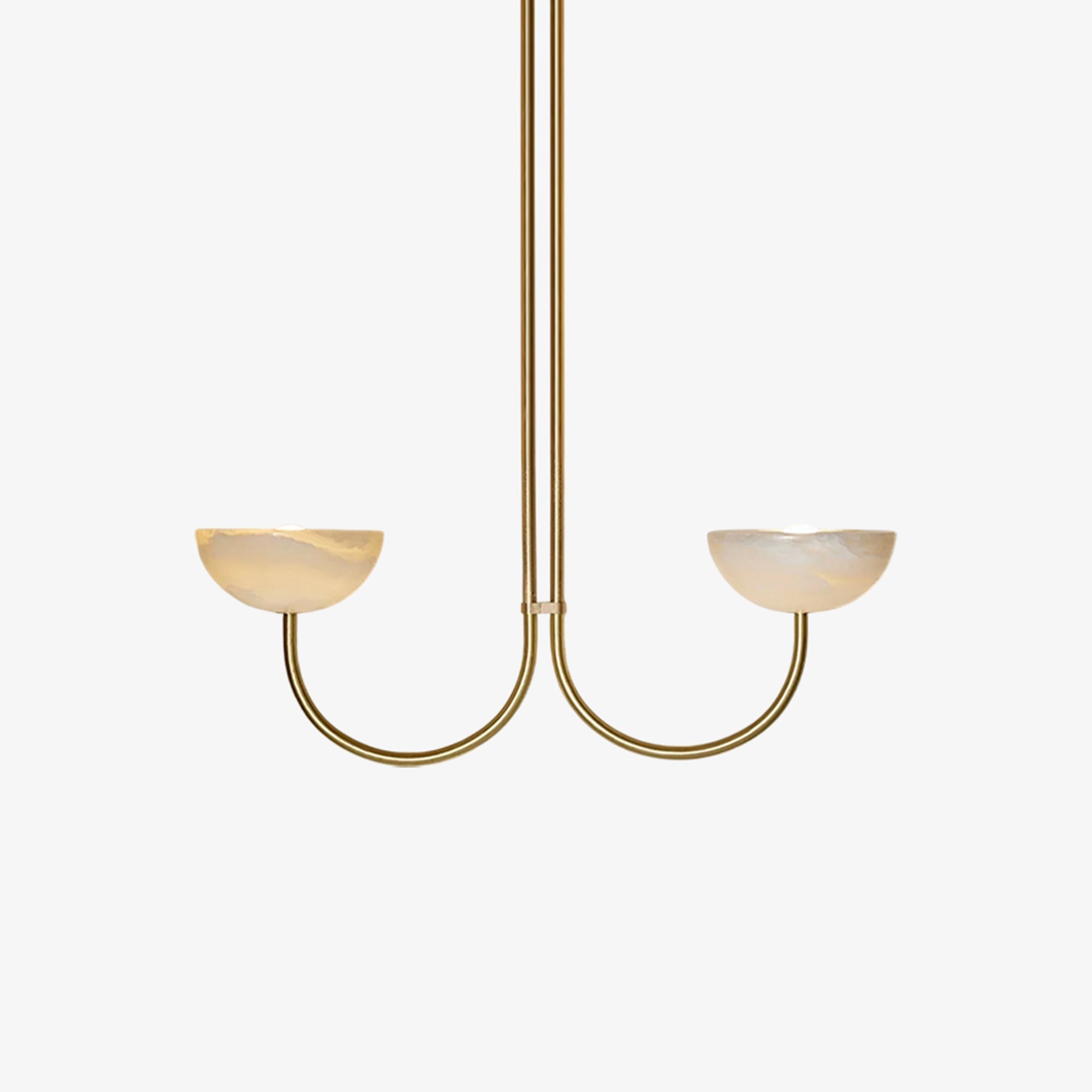 Clérachic brass two-arm Lunaris pendant with alabaster bowls softly lit, framed close against a pale grey backdrop.