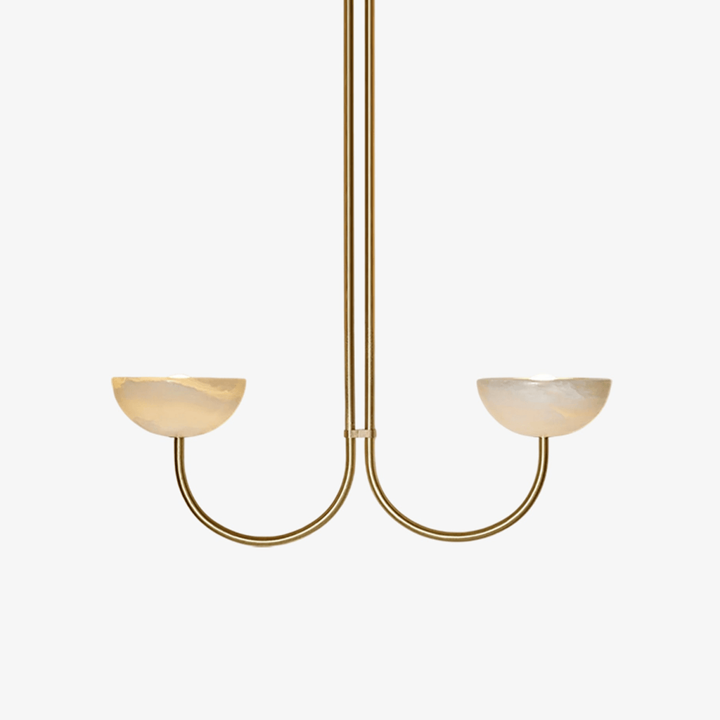 Clérachic full view of the two-arm Lunaris pendant in brass, both alabaster bowls lit and the whole drop rod in frame.