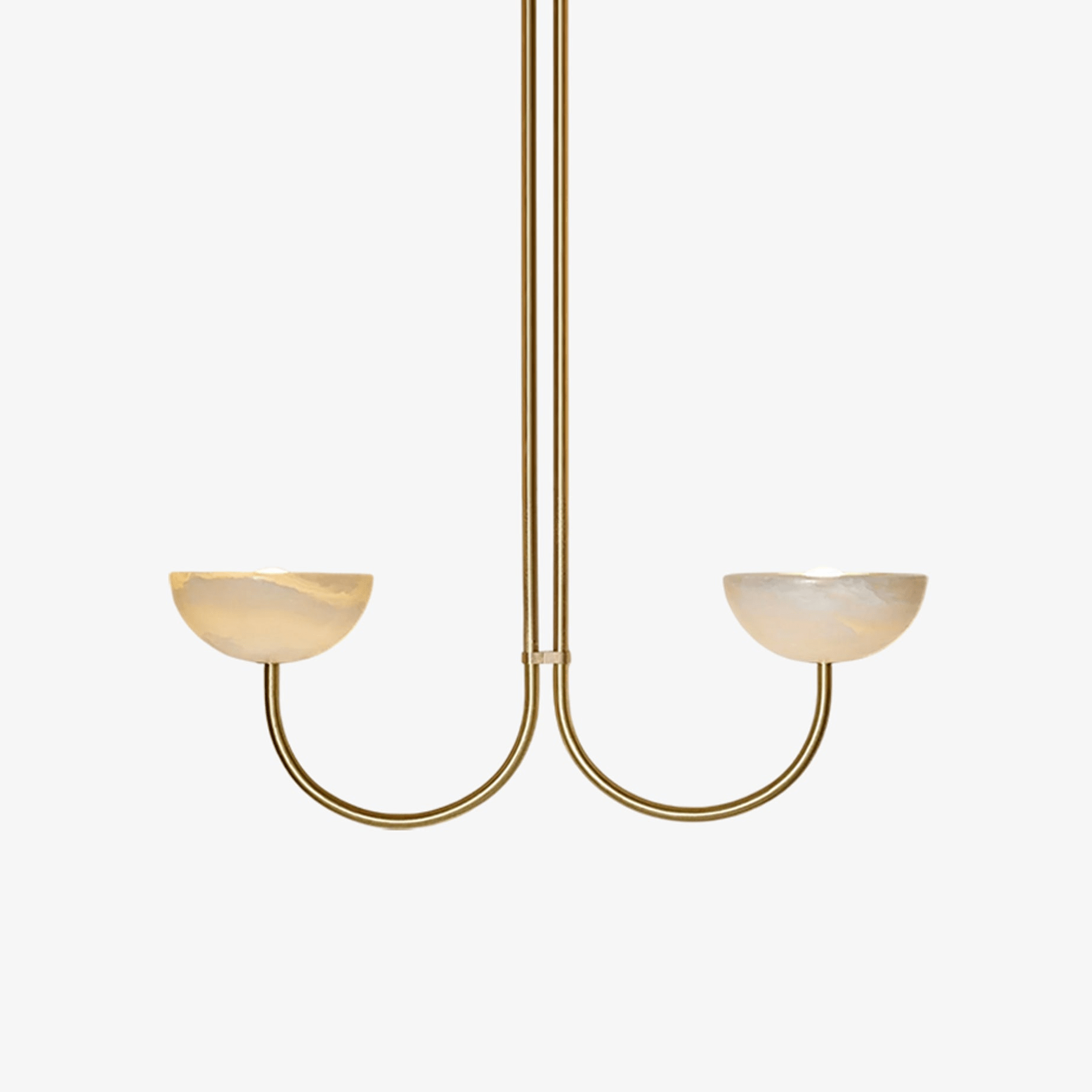 Clérachic full view of the two-arm Lunaris pendant in brass, both alabaster bowls lit and the whole drop rod in frame.