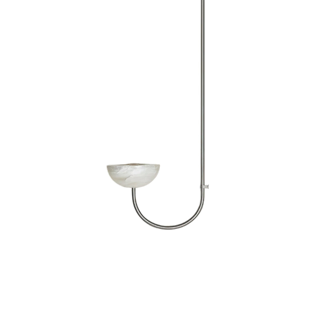 Clérachic lunaris pendant in a polished chrome finish, its single curved arm cradling one pale alabaster bowl.