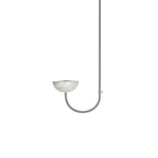 Clérachic lunaris pendant in a polished chrome finish, its single curved arm cradling one pale alabaster bowl.
