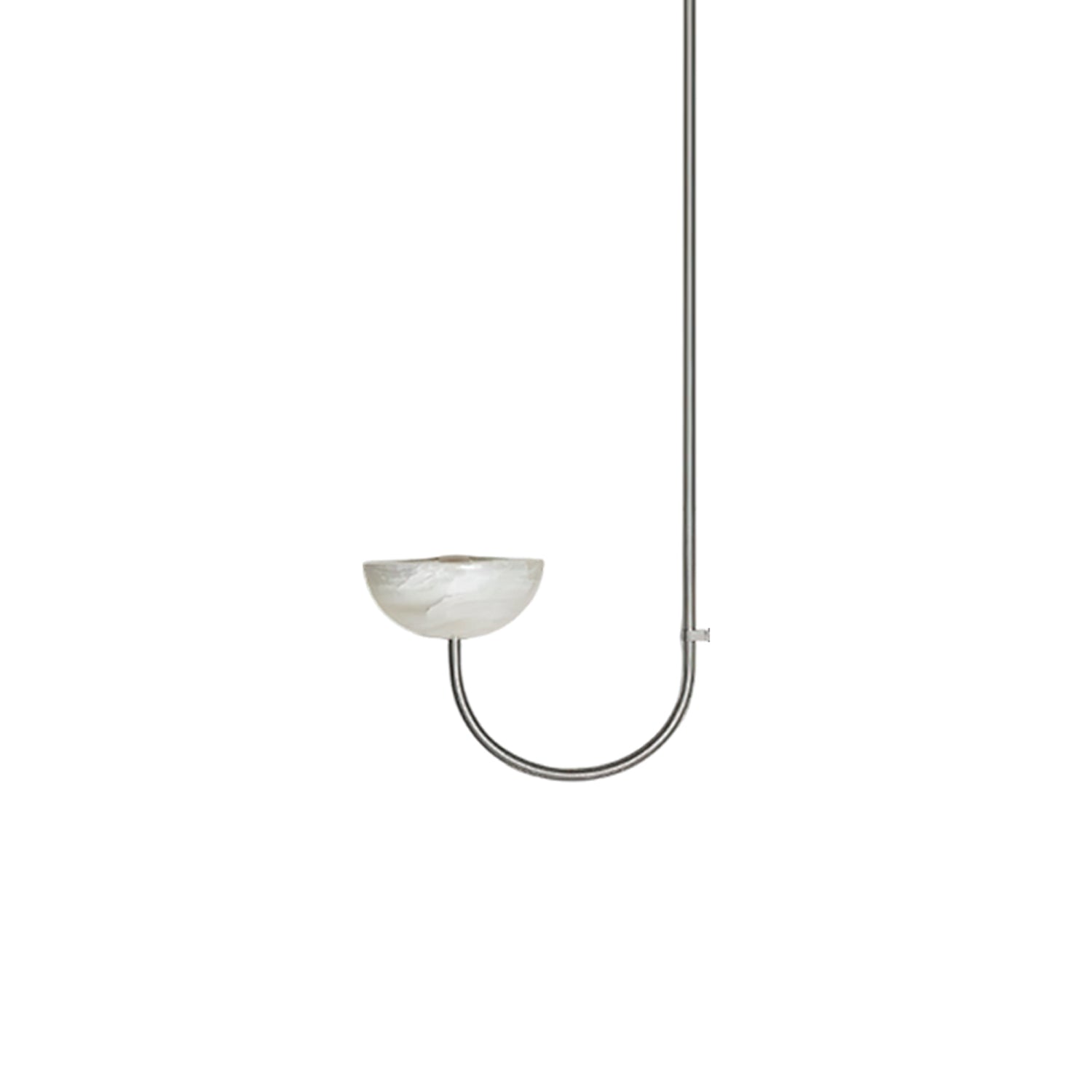Clérachic lunaris pendant in a polished chrome finish, its single curved arm cradling one pale alabaster bowl.