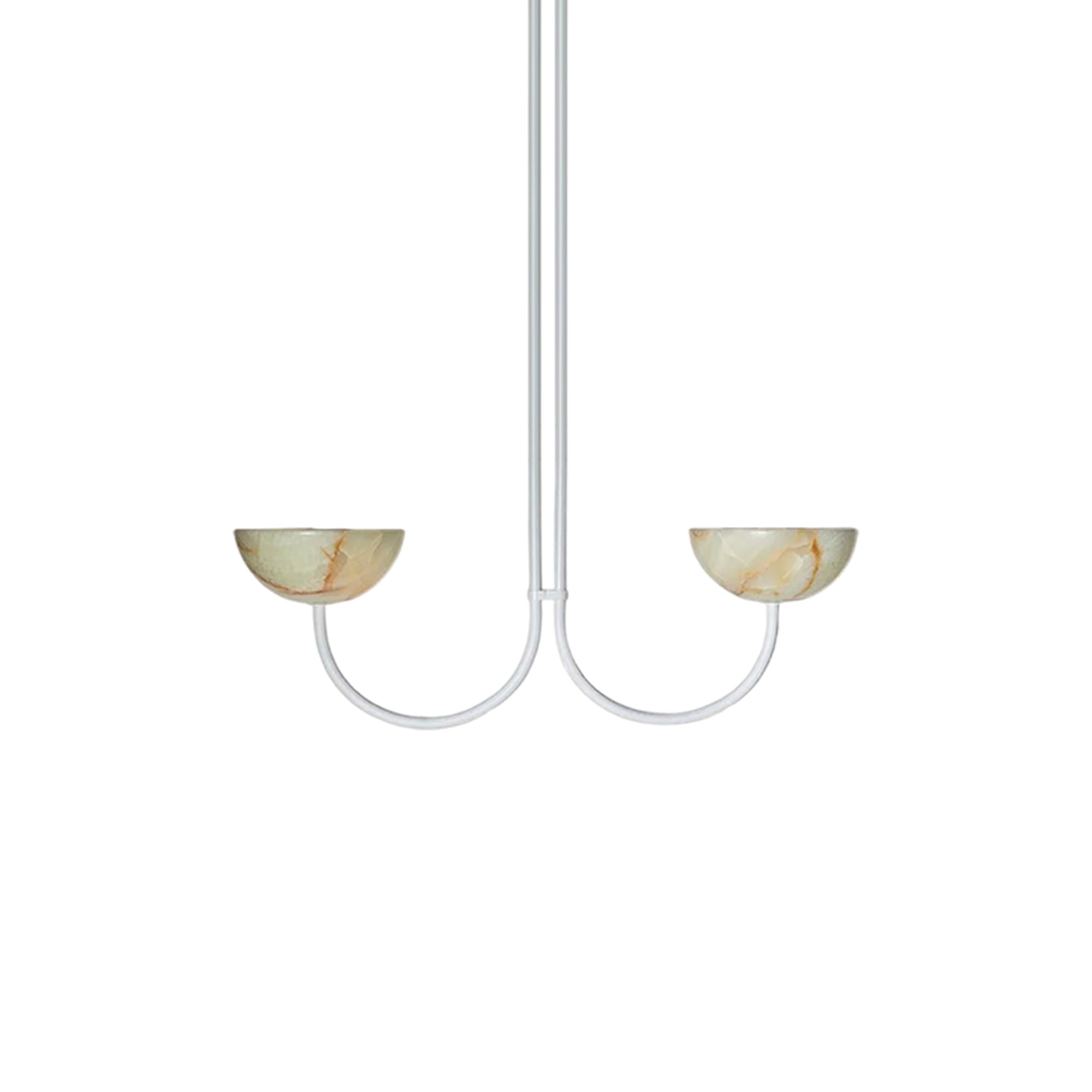 Clérachic white-finish Lunaris pendant with two jade stone bowls carried on a pair of mirrored curved arms.