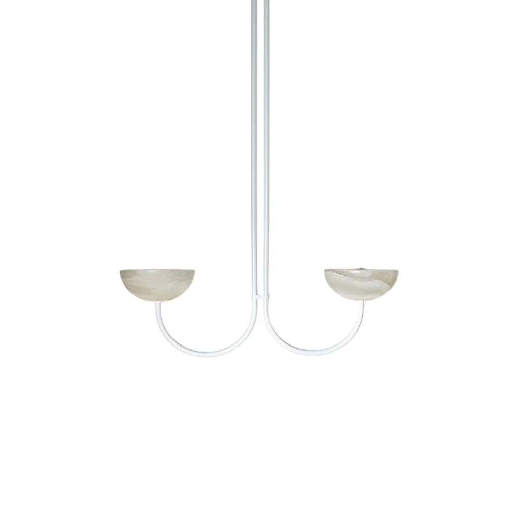 Clérachic two-arm Lunaris pendant in white, both alabaster bowls shown unlit and mirrored either side of the stem.
