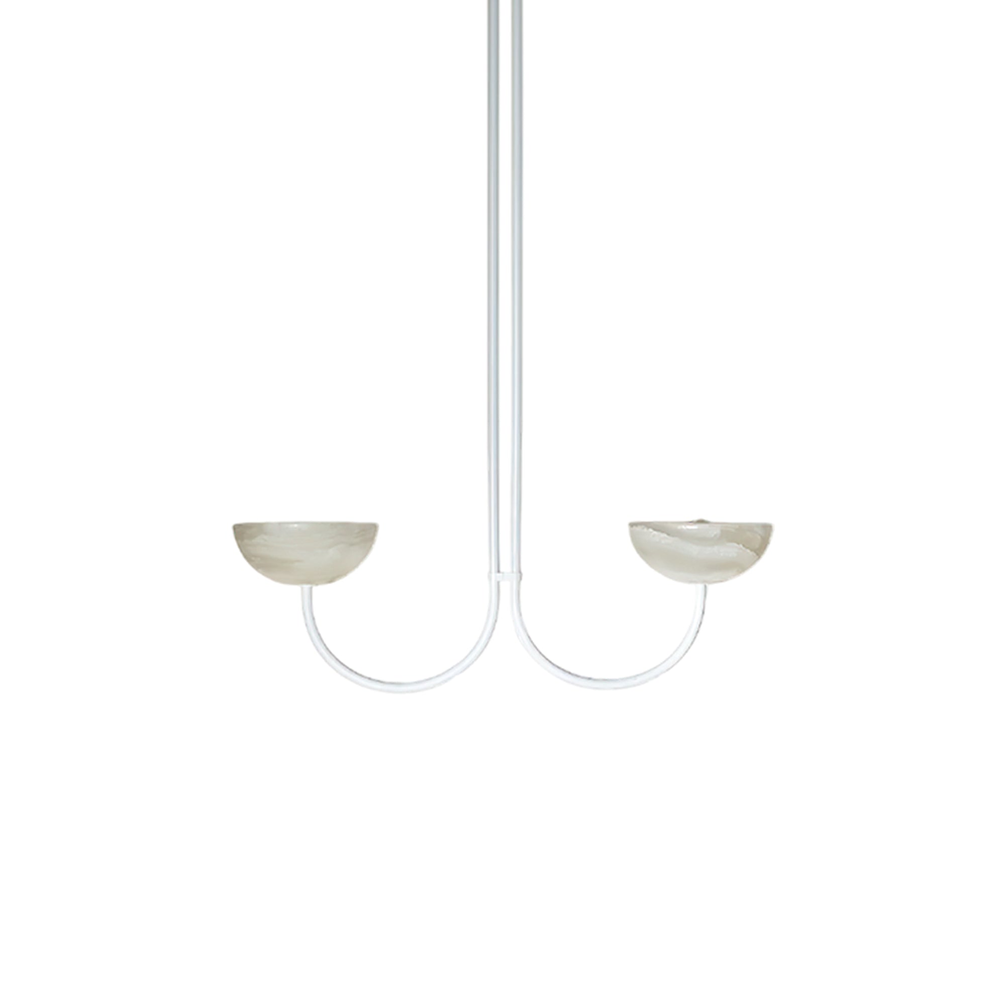 Clérachic two-arm Lunaris pendant in white, both alabaster bowls shown unlit and mirrored either side of the stem.