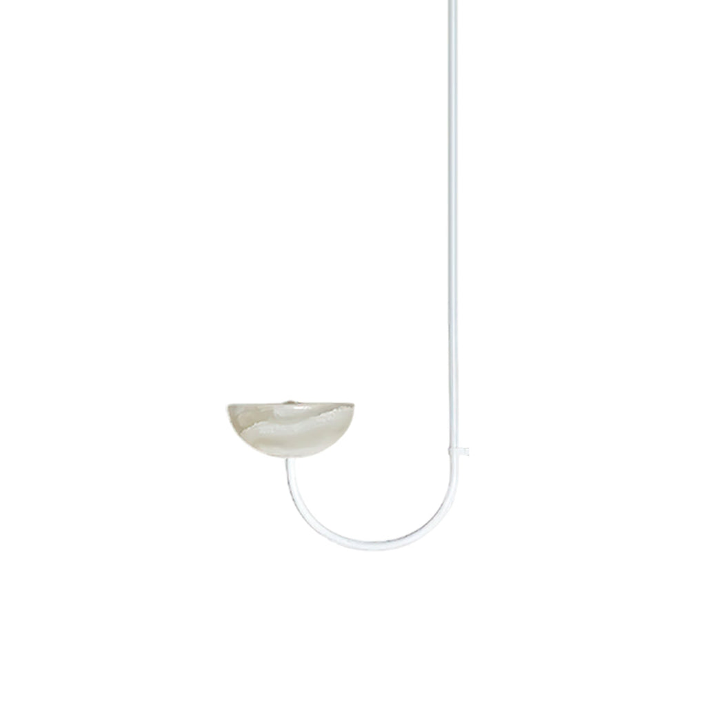 Clérachic lunaris pendant in a white finish, one arm curving up to a softly veined alabaster bowl.