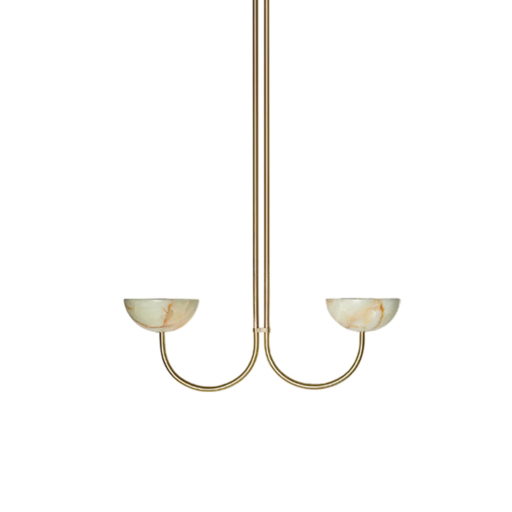 Clérachic two-arm Lunaris pendant in brass with jade-green stone bowls, their amber veining clearly visible.