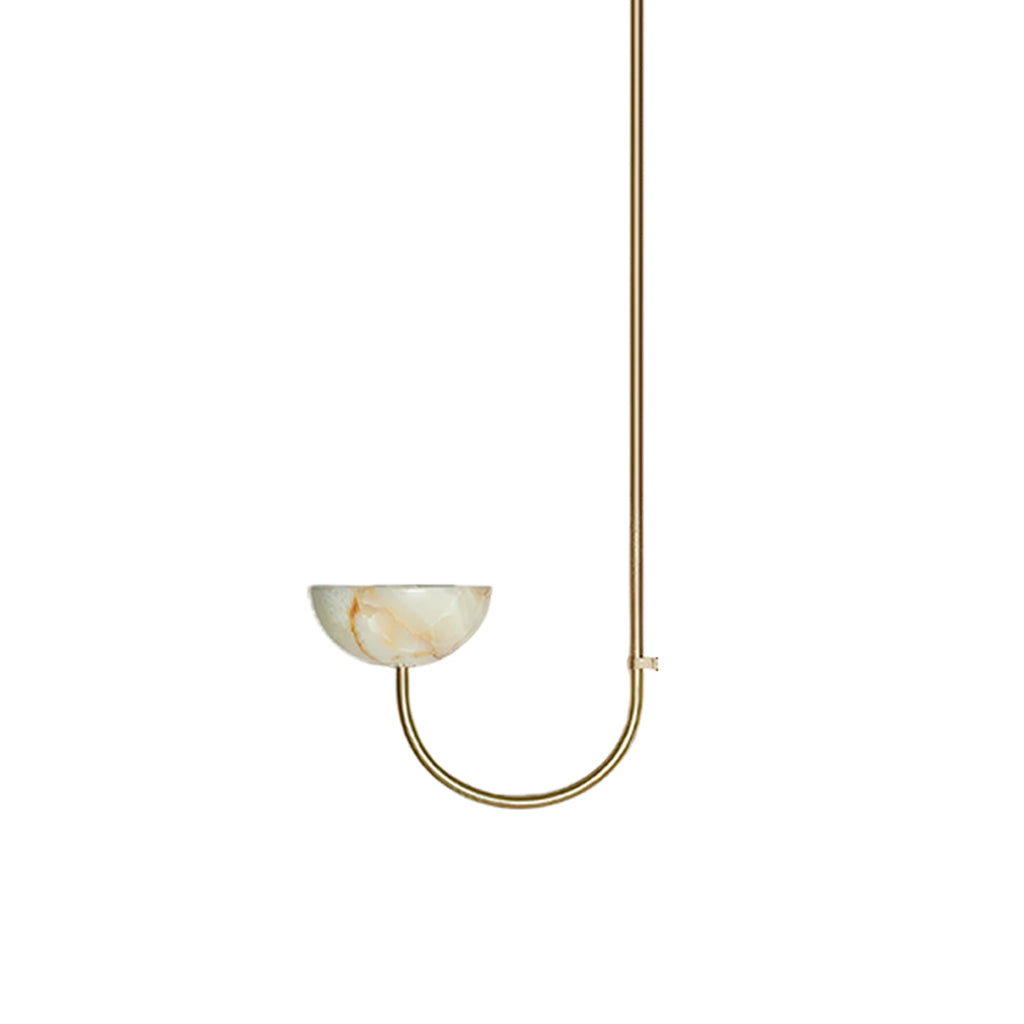 Clérachic single-arm Lunaris pendant in brass holding one jade stone bowl with warm rust-coloured veining.