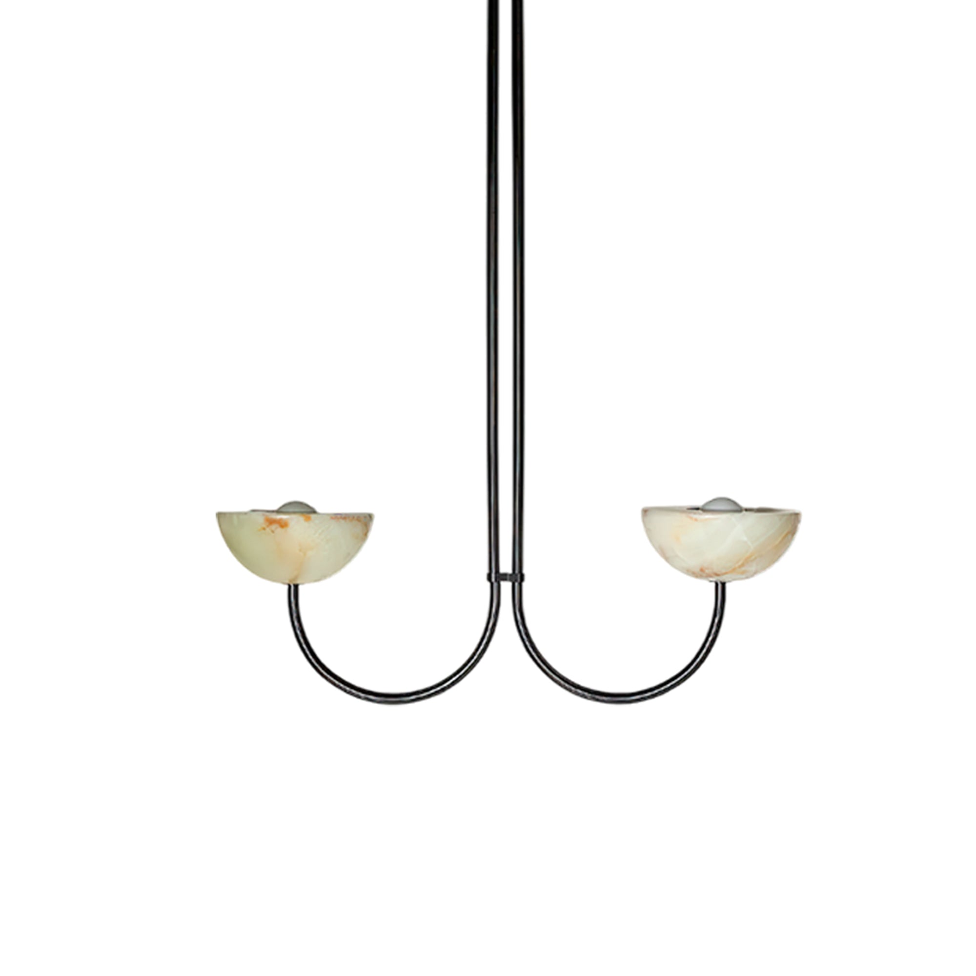Clérachic black-finish Lunaris pendant angled to reveal the bulb seated inside each jade stone bowl.