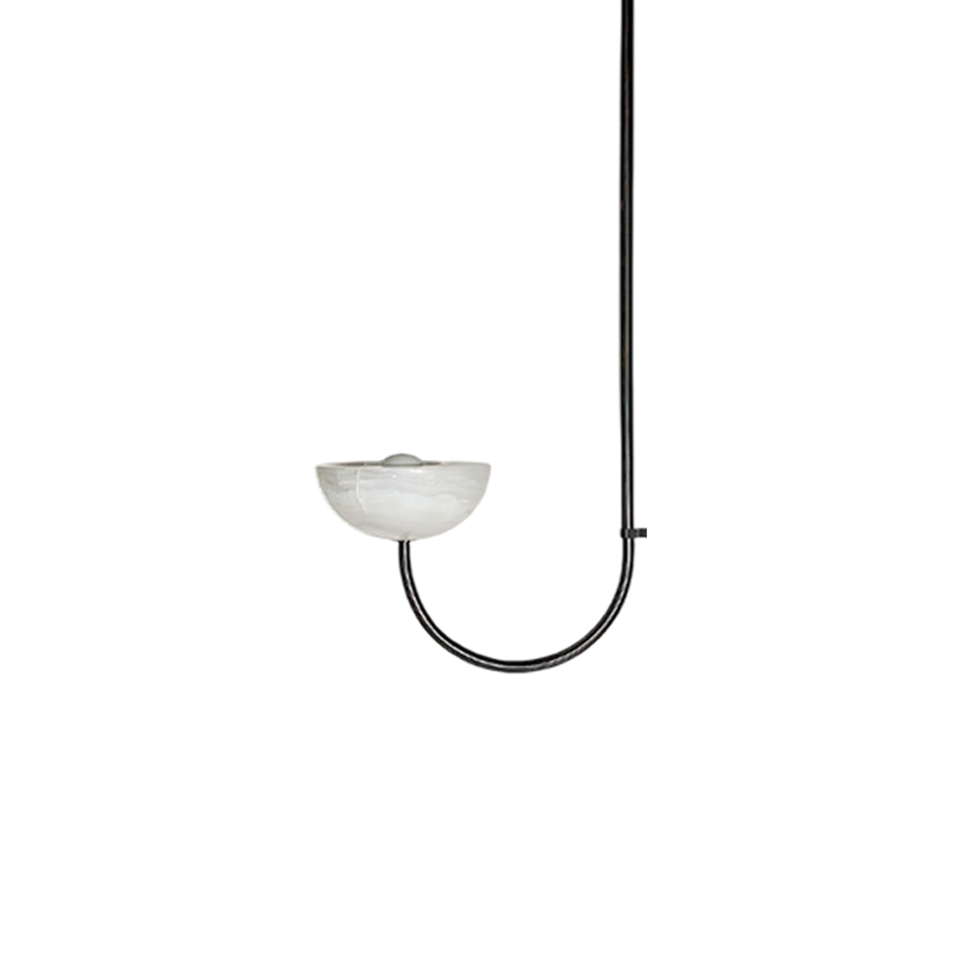 Clérachic single-arm Lunaris pendant in black, the bulb just visible where it sits in the pale alabaster bowl.