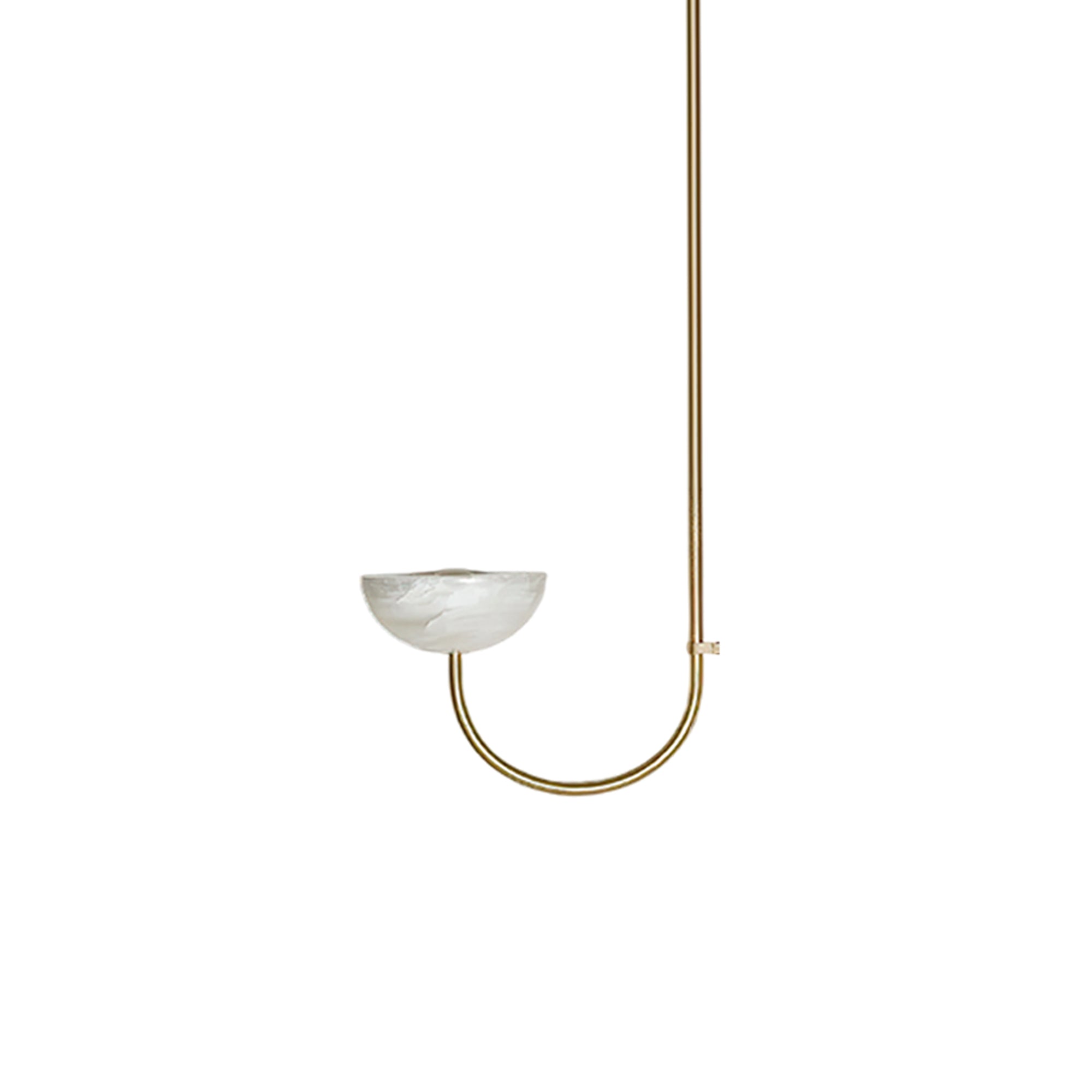 Clérachic single-arm Lunaris alabaster pendant light in brass, shown unlit with its stone bowl facing upward.