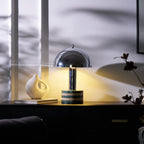 Clérachic lamp lit with its dome rim glowing, a dark branch arching into frame beside the vase and open book.